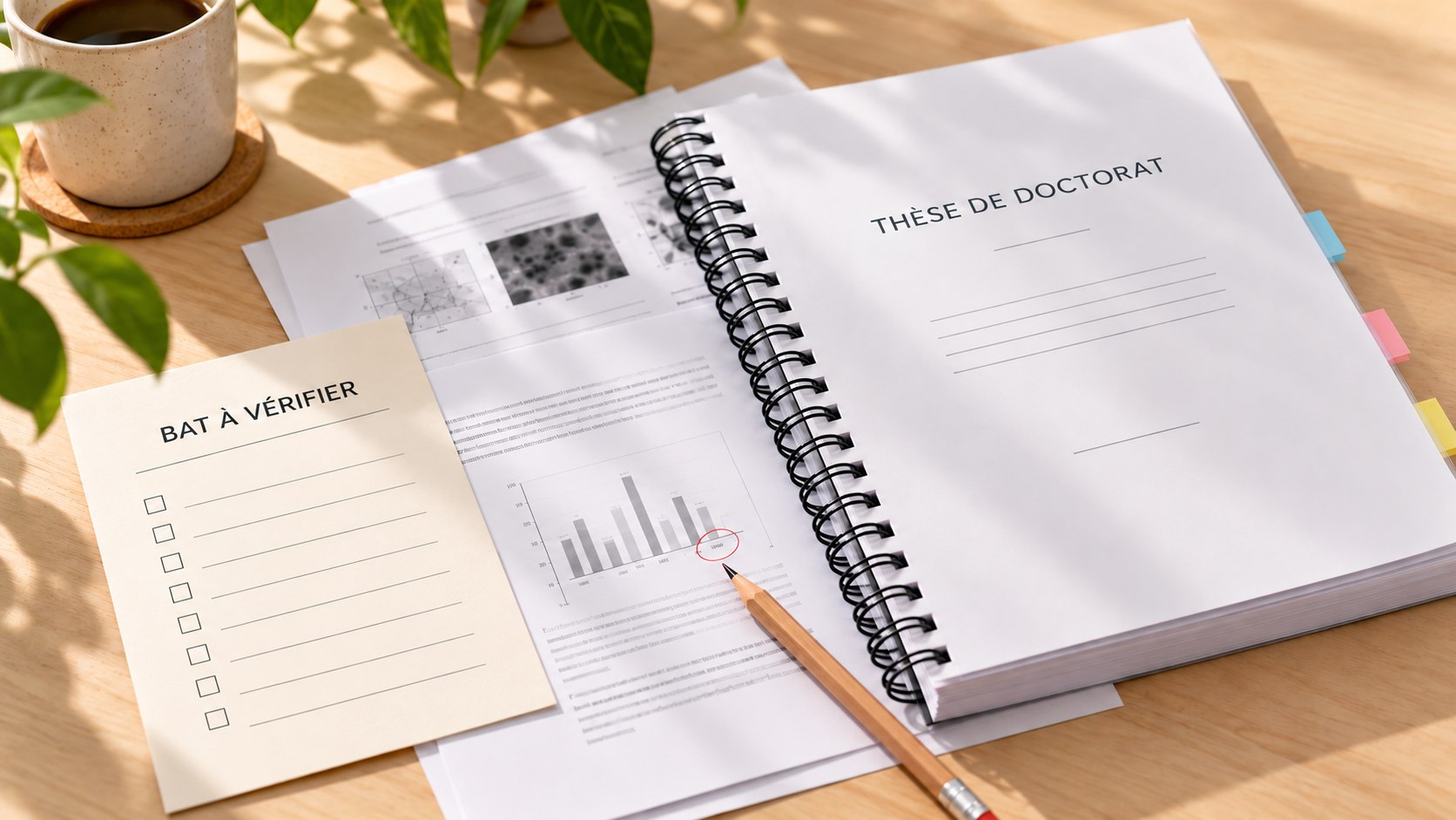 Thèse à anneaux métalliques, pages de contrôle et fiche BAT à vérifier sur un bureau.