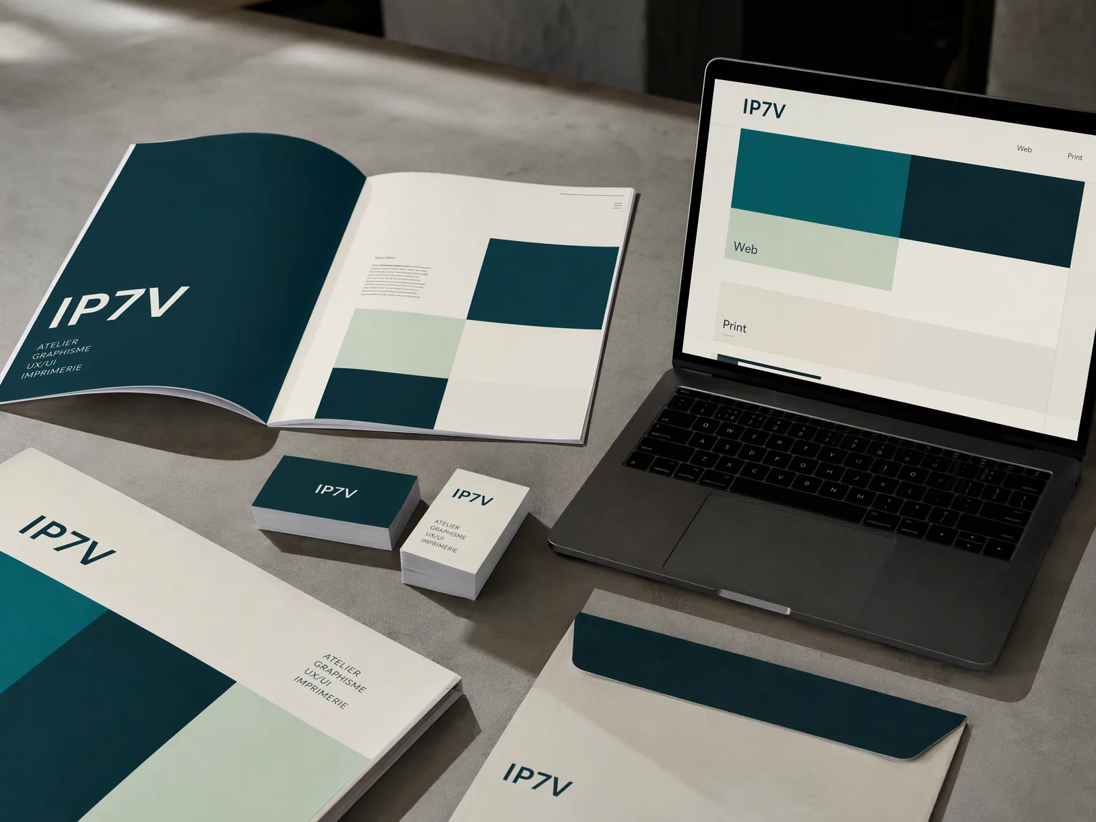 Étude de direction artistique : brochure, cartes de visite et interface web aux couleurs IP7V.